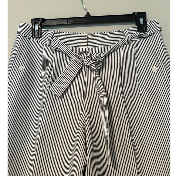 Talbots White Blue Silk Linen Striped Belted Cropped Wide Leg Pants - Picture 3 of 9